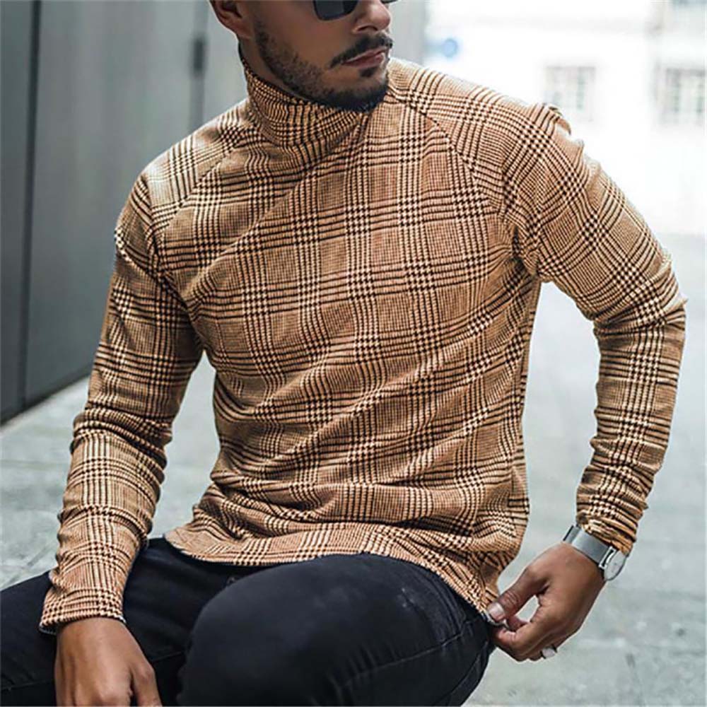 Casual Houndstooth Slim Long Sleeves Fall Men's T-shirt