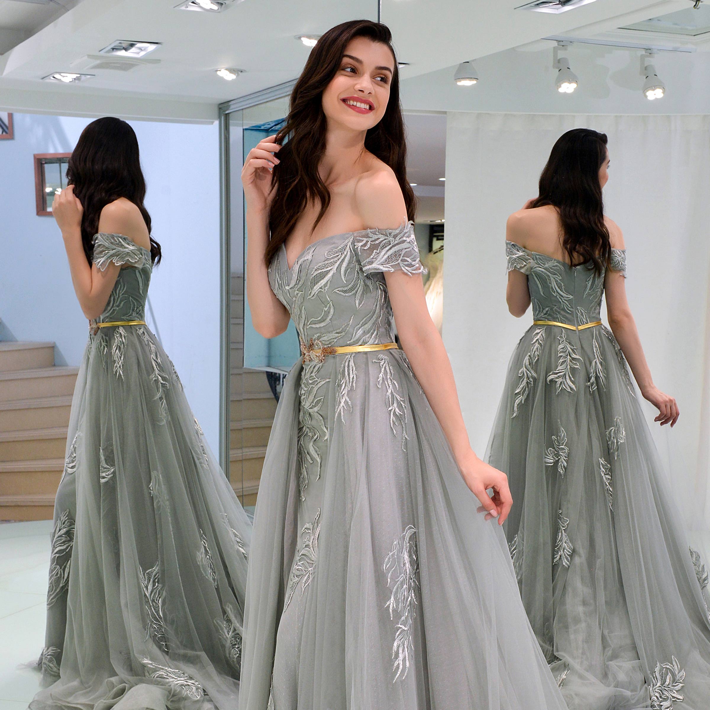 A-Line Appliques Off-the-Shoulder Evening Dress With Sashes