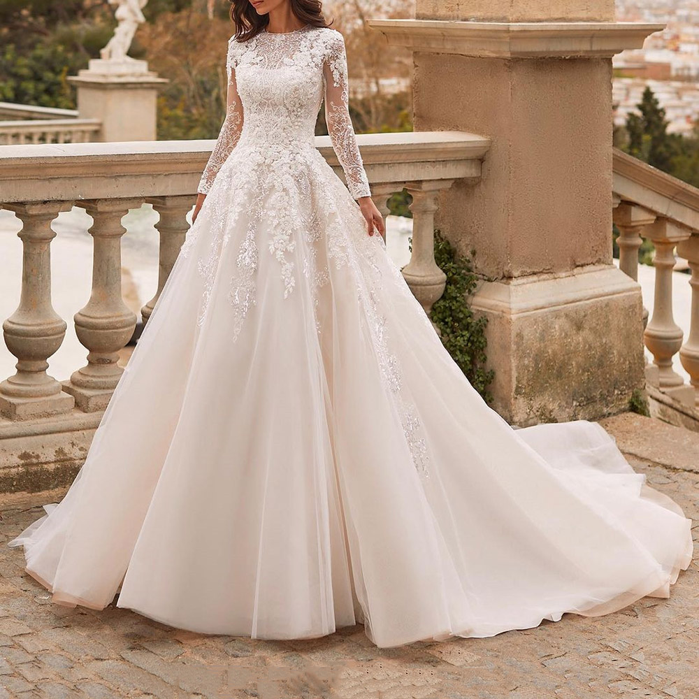 Floor-Length Tulle Long Sleeves Lace Ball Gown Wedding Dress 2022