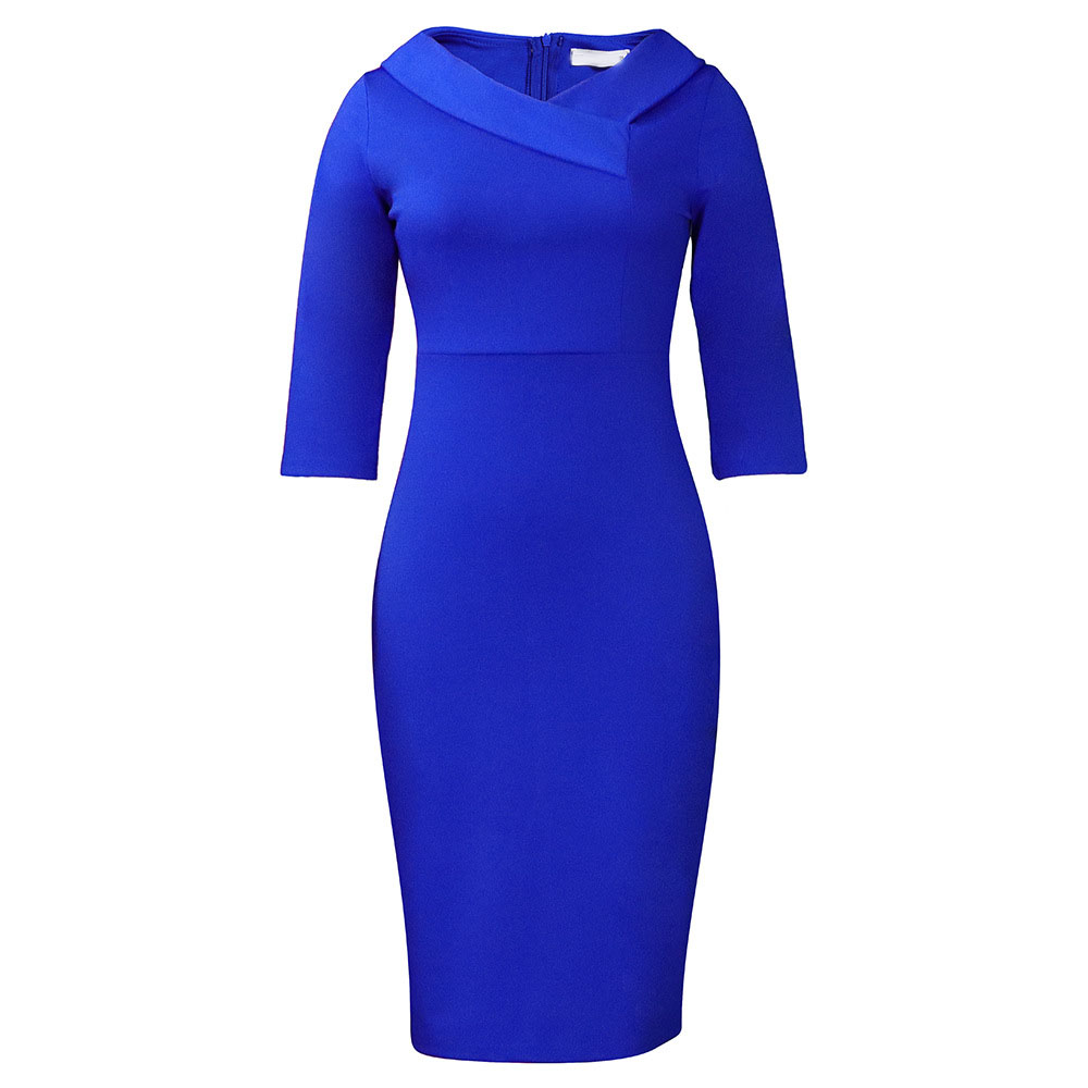 V-Neck Three-Quarter Sleeve Split Knee-Length Plain Women's Dress