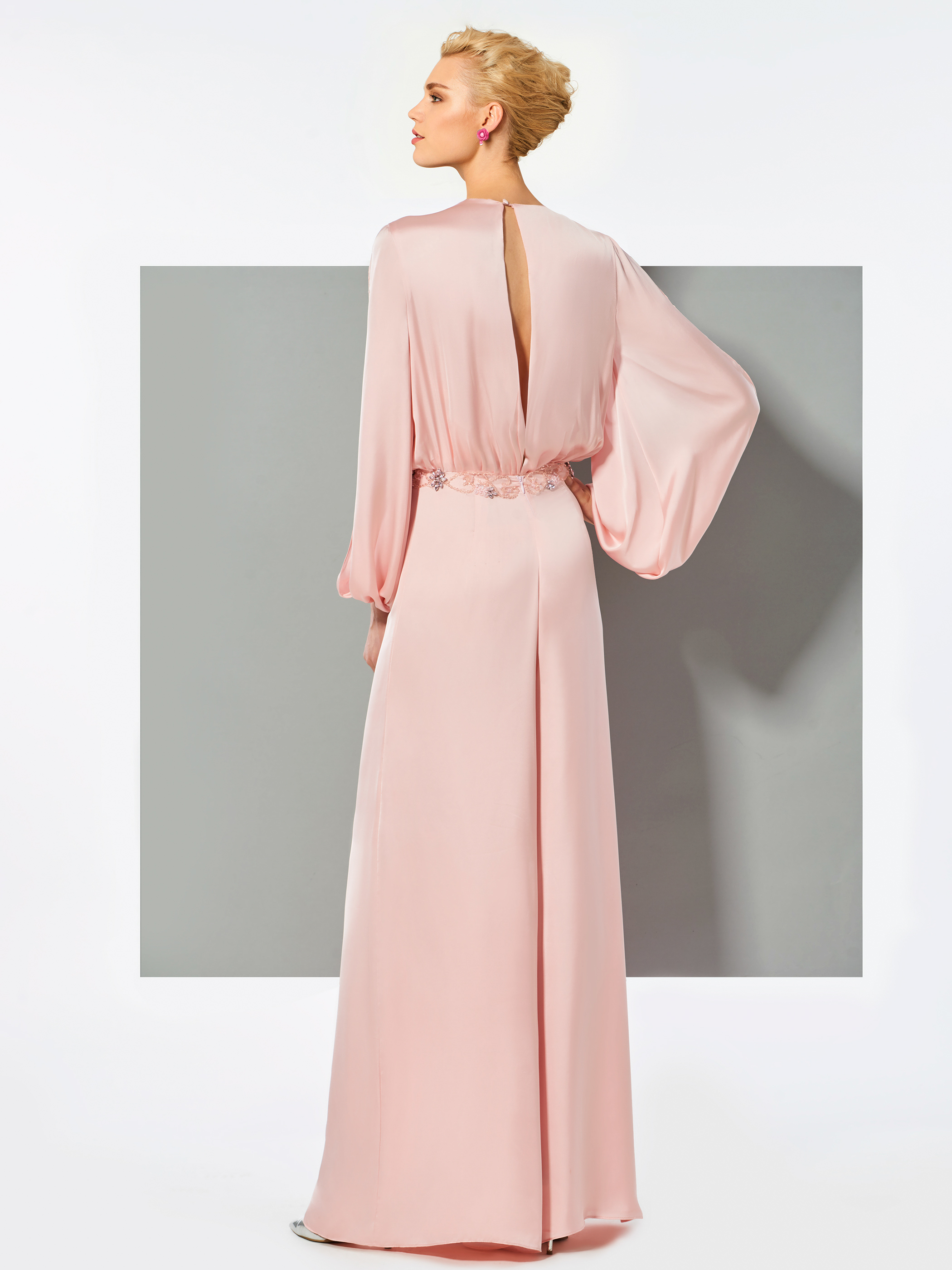 Beading Long Sleeves Pink Evening Jumpsuits