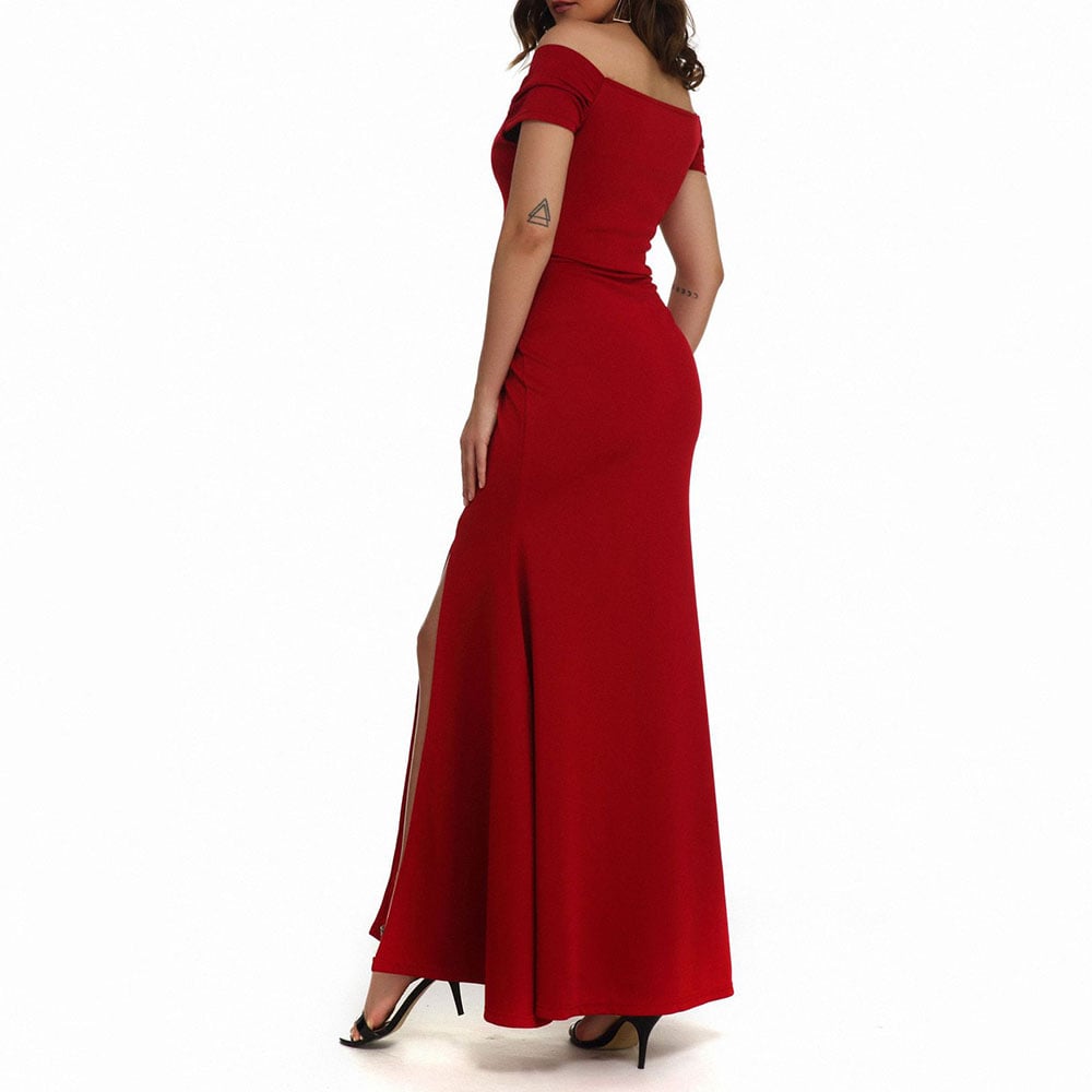 Short Sleeve Floor-Length Split Off Shoulder Bodycon Women's Dress