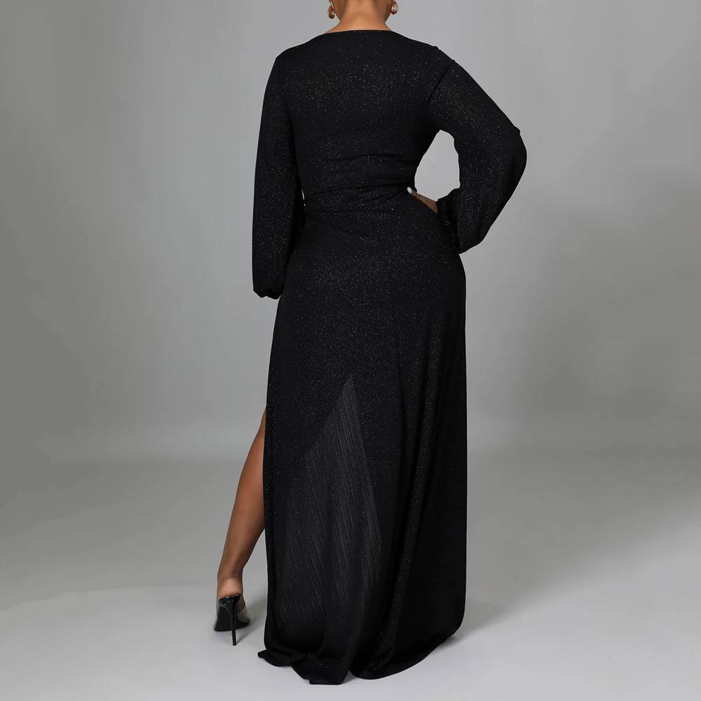 Split V-Neck Floor-Length Long Sleeve Asymmetrical Women's Dress