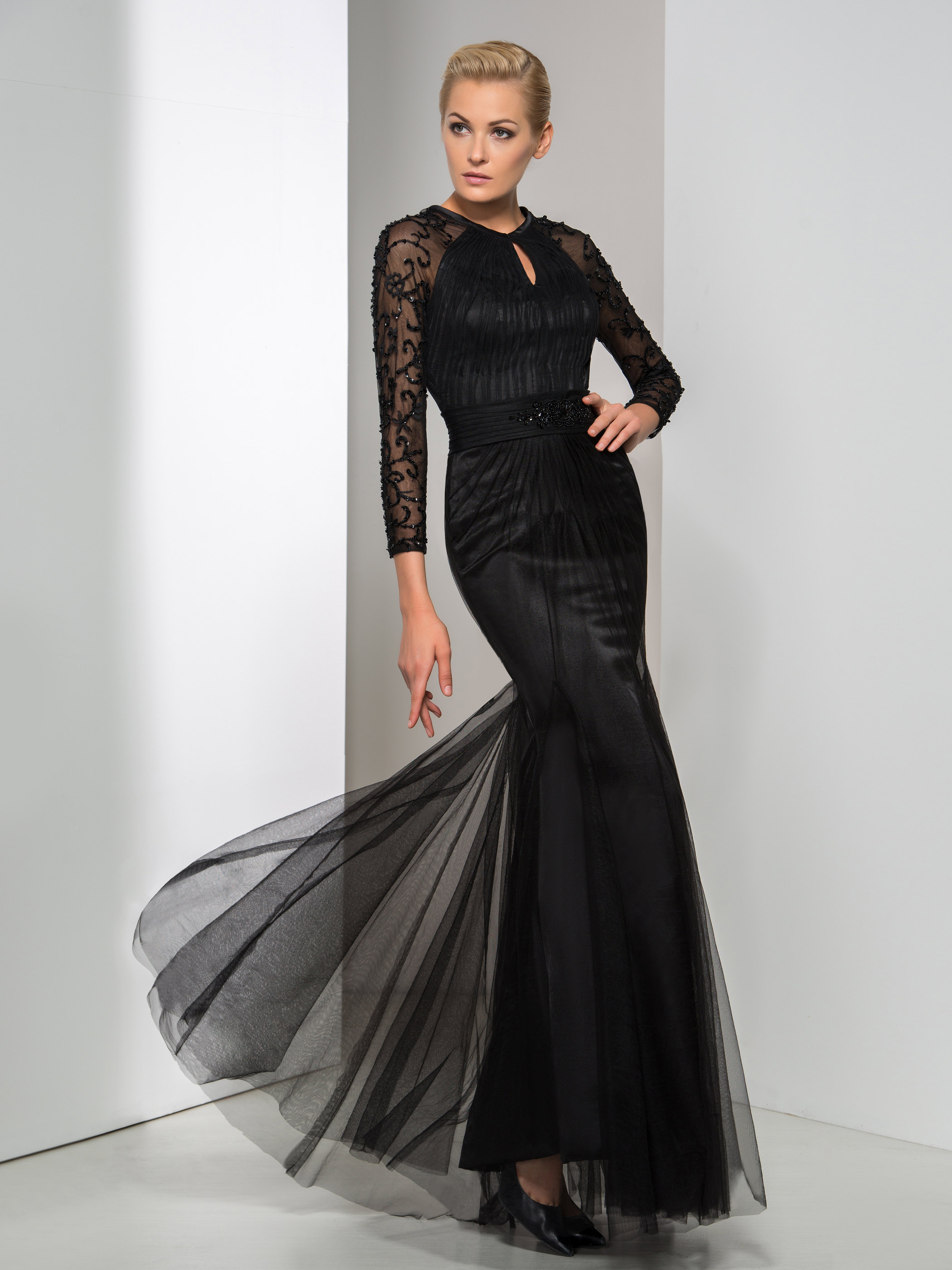 Jewel Neck Mermaid Long Sleeve Beaded Ruched Evening Dress