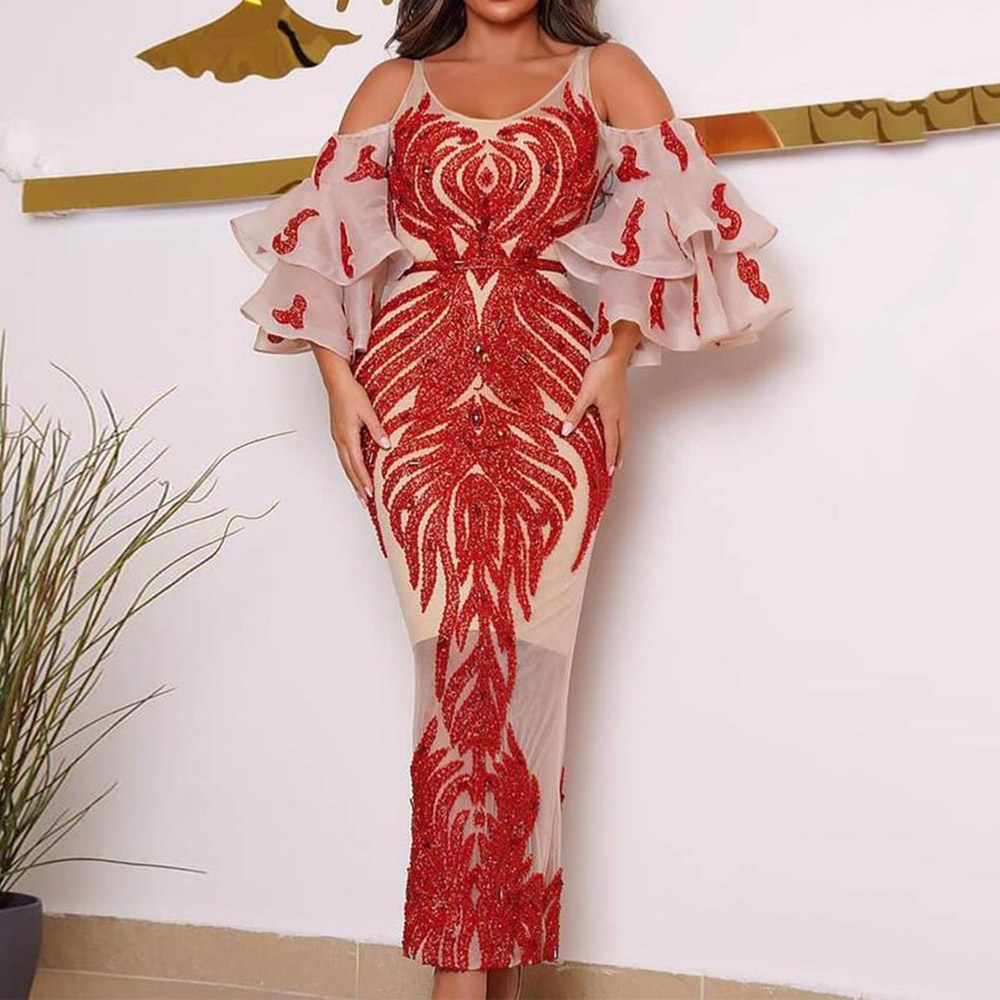 Floral Maxi Dress Nine Points Sleeve Sequins Floor-Length Bodycon Women's Dress