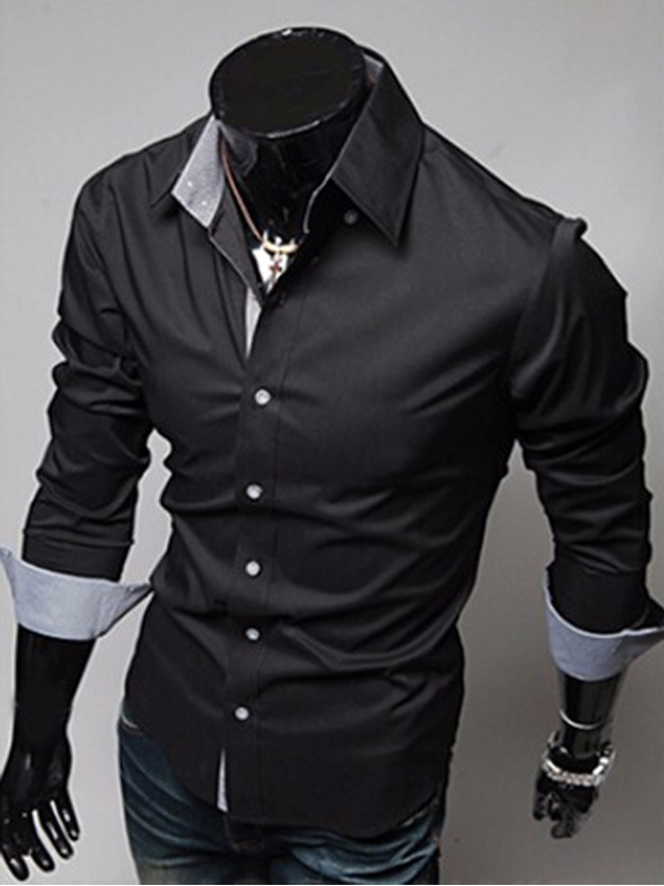 Slim Long Sleeve Lapel Men's Shirt with Buttons