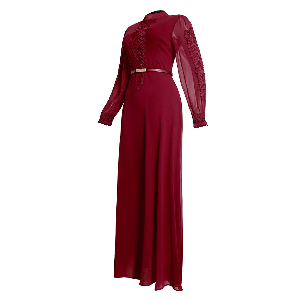 Stand Collar Embroidery Floor-Length Long Sleeve A-Line Women's Dress-