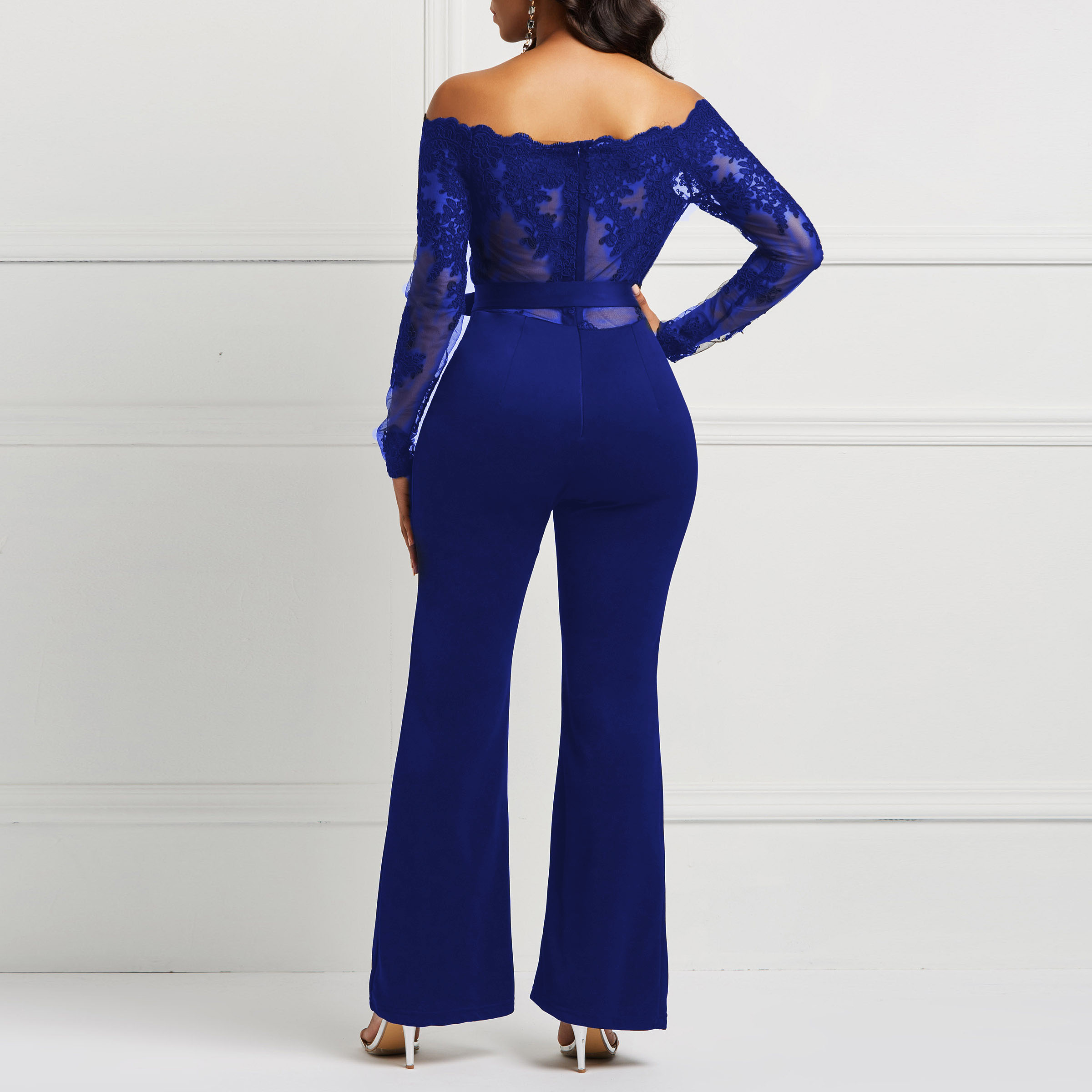 African Fashion Lace Patchwork Full Length Lace-Up Slim Women's Jumpsuit