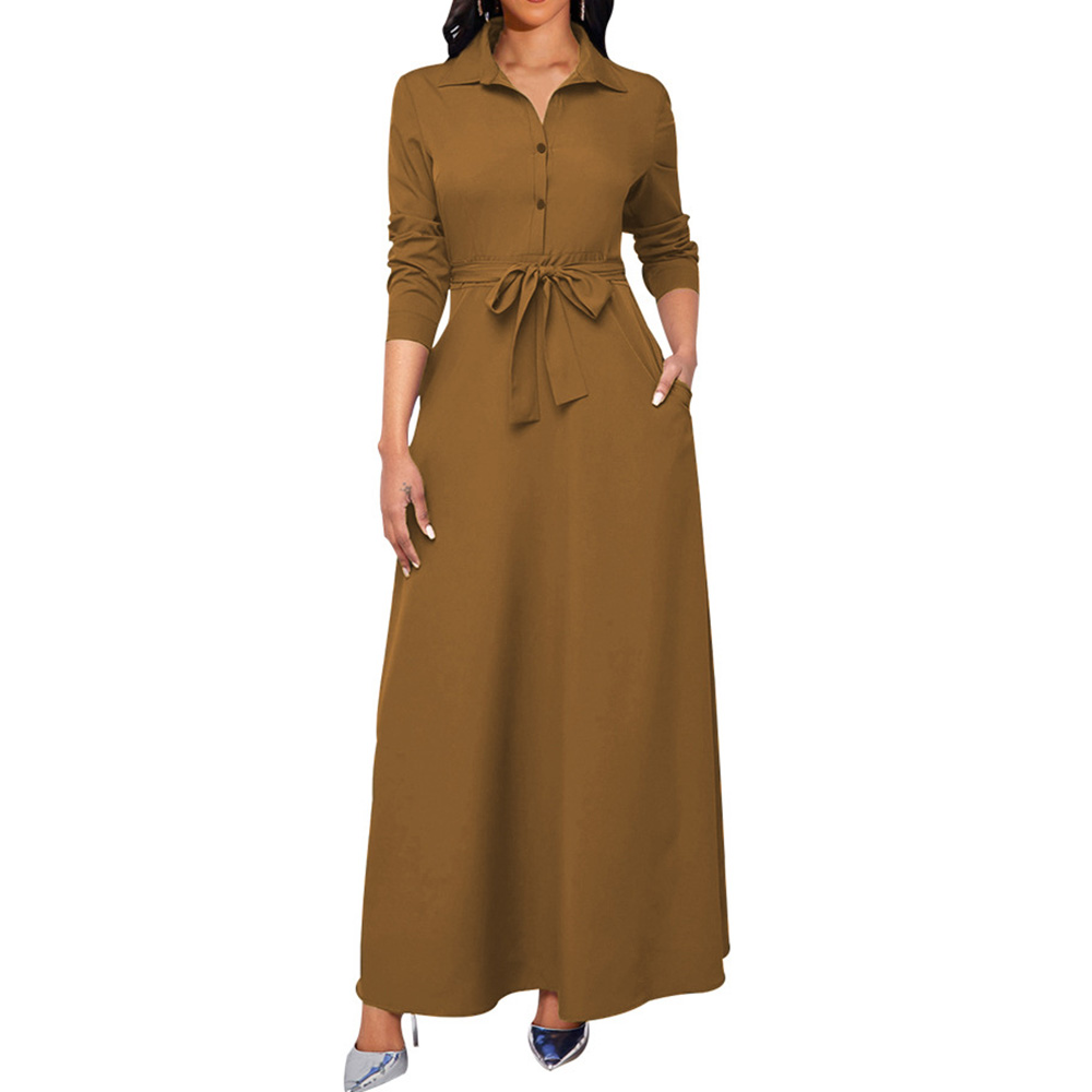 Lace-Up Floor-Length Lapel Long Sleeve Plain Women's Dress