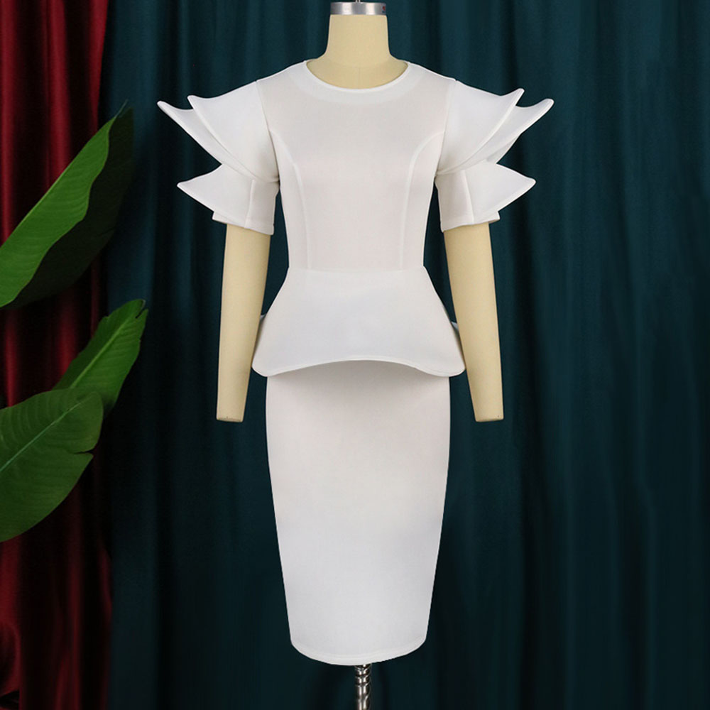 Short Sleeve Knee-Length Round Neck Falbala High Waist Women's Dress