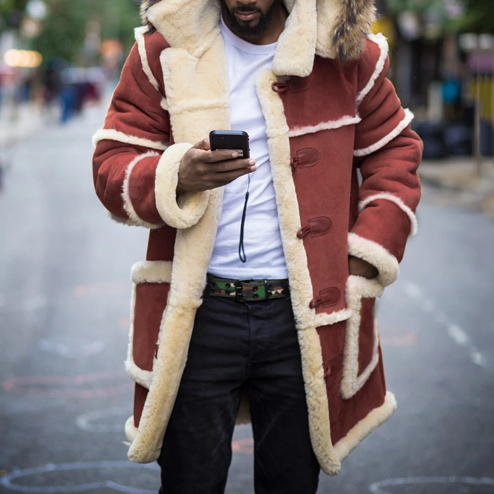 Patchwork Color Block Hooded Mid-Length Winter Men's Coat