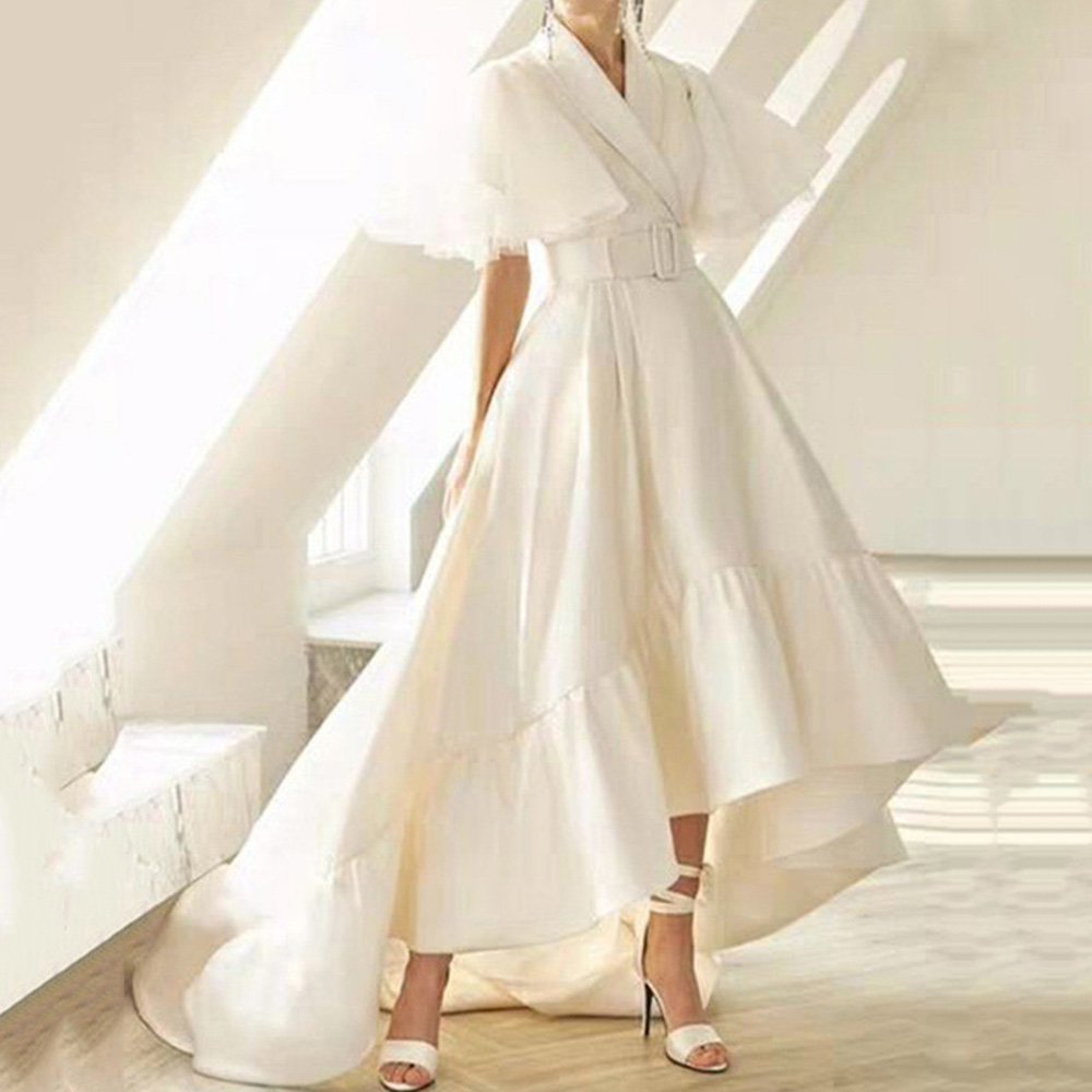 Wedding Guest Dress Half Sleeve Asymmetric Floor-Length V-Neck Plain Women's Dress