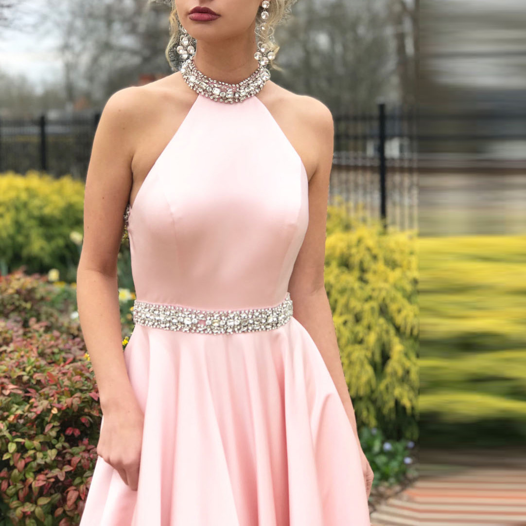 Beading Halter Backless Pink Prom Dress