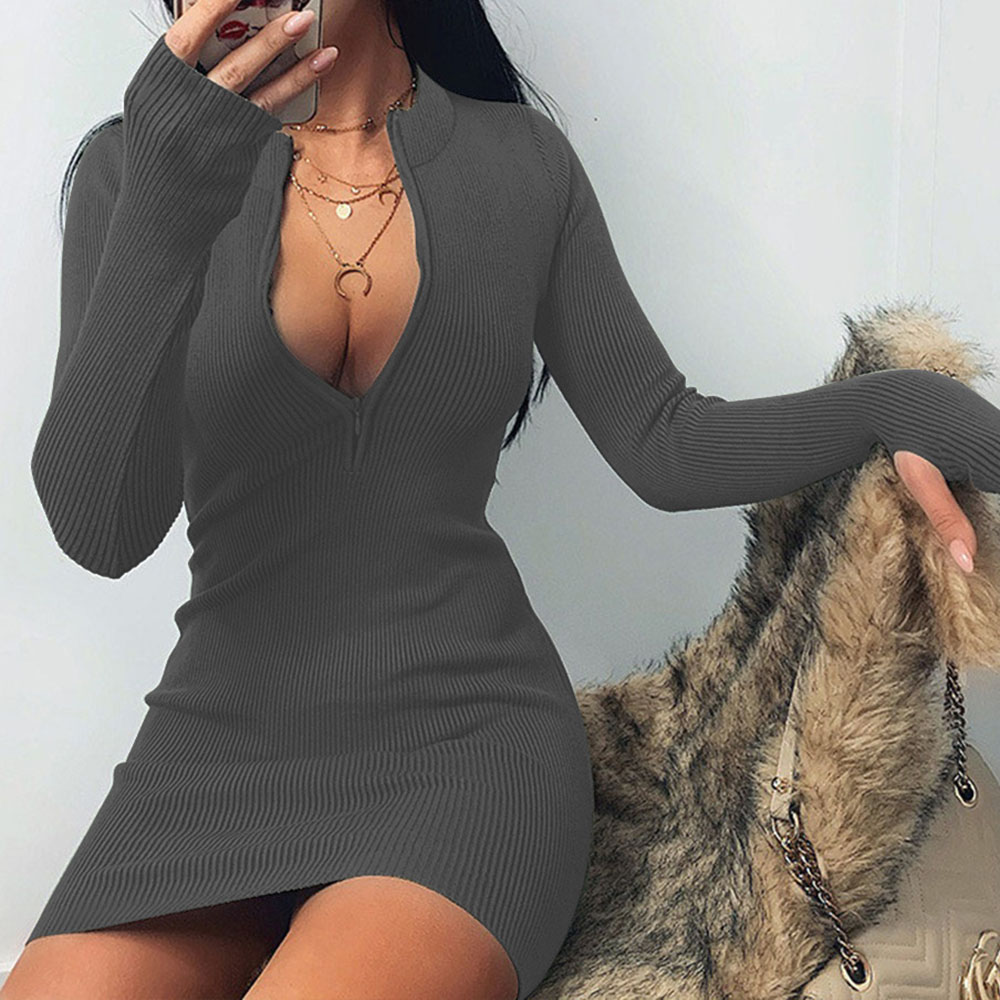 Above Knee Stand Collar Long Sleeve Bodycon Women's Dress
