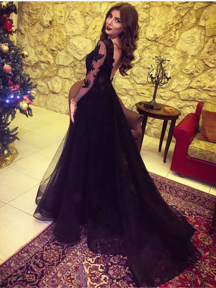 Long Sleeves Appliques Split-Front Black Evening Dress Black Wedding Dress