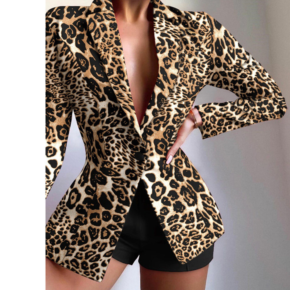 One Button Long Sleeve Notched Lapel Leopard Spring Women's Casual Blazer
