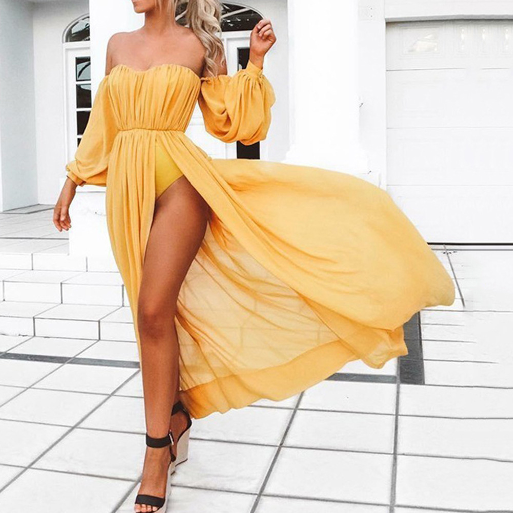 Split Long Sleeve Off Shoulder Floor-Length Lantern Sleeve Women's Dress