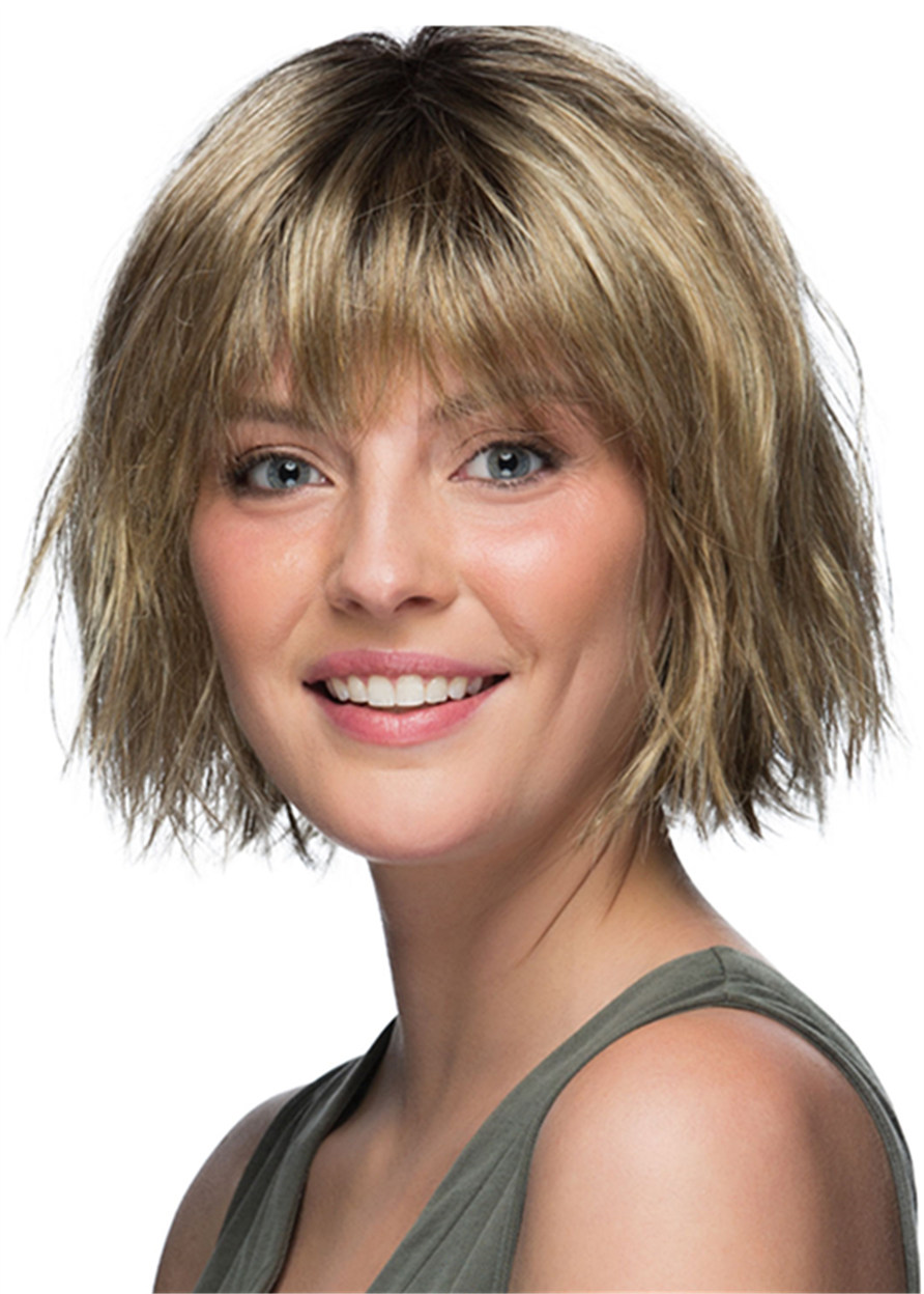 Bob Hairstyle Fluffy Straight Synthetic Hair Capless Wigs With Bangs 12 Inches