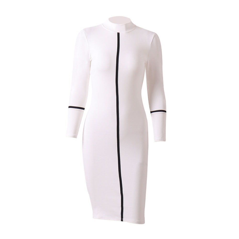 Turtleneck Long Sleeve Mid-Calf Print High Waist Women's Bodycon Dress