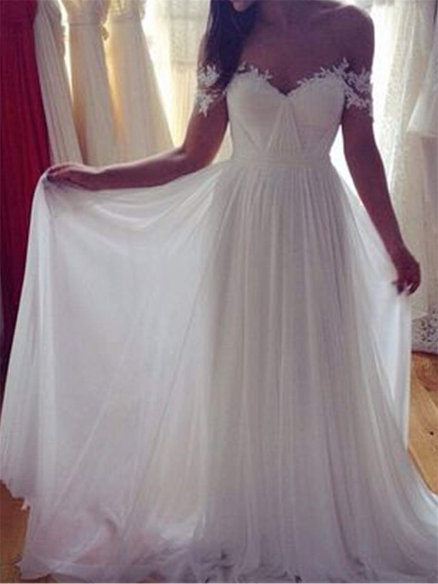 Off-The-Shoulder Ruched Appliques Beach Wedding Dress