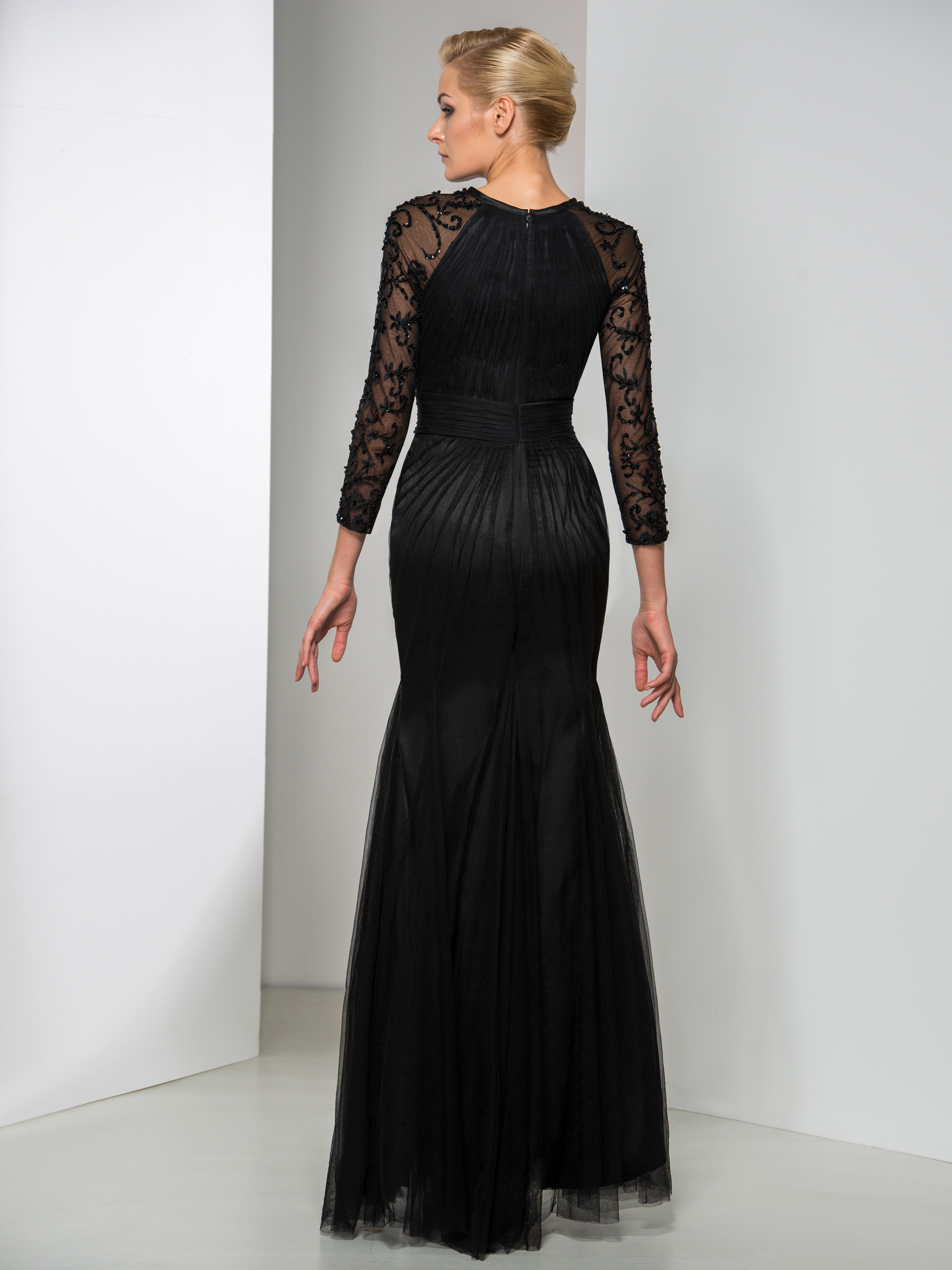 Jewel Neck Mermaid Long Sleeve Beaded Ruched Evening Dress