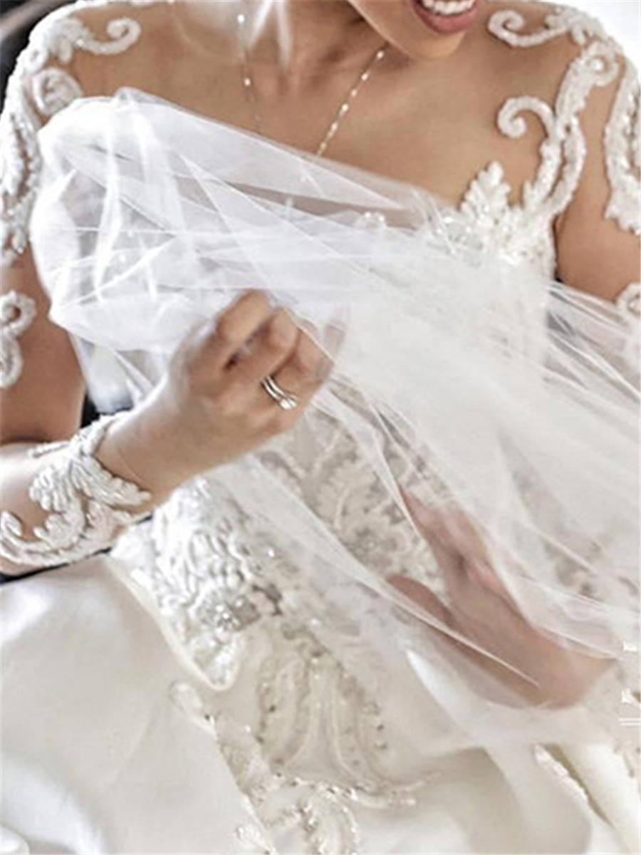 Ball Gown Beaded Appliques Long Sleeve Wedding Dress