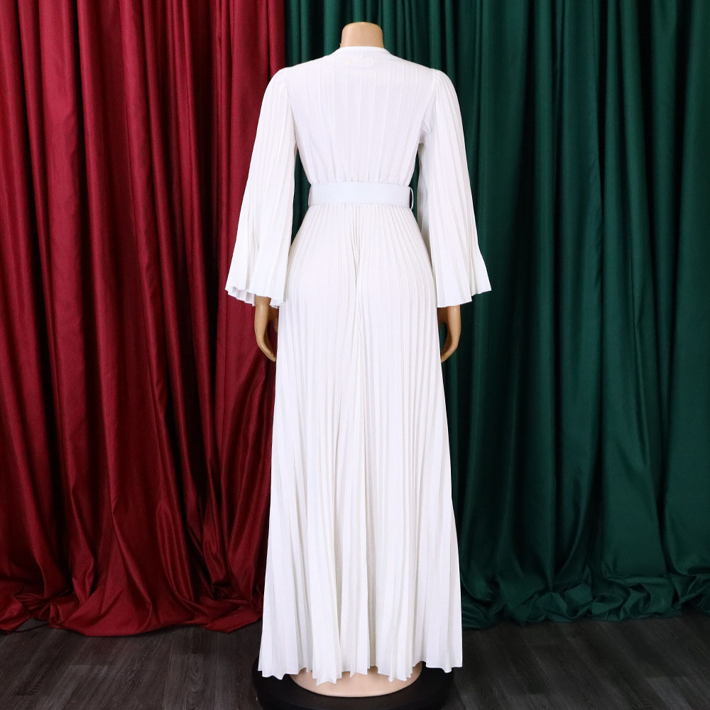 Three-Quarter Sleeve V-Neck Pleated Floor-Length High Waist Women's Dress