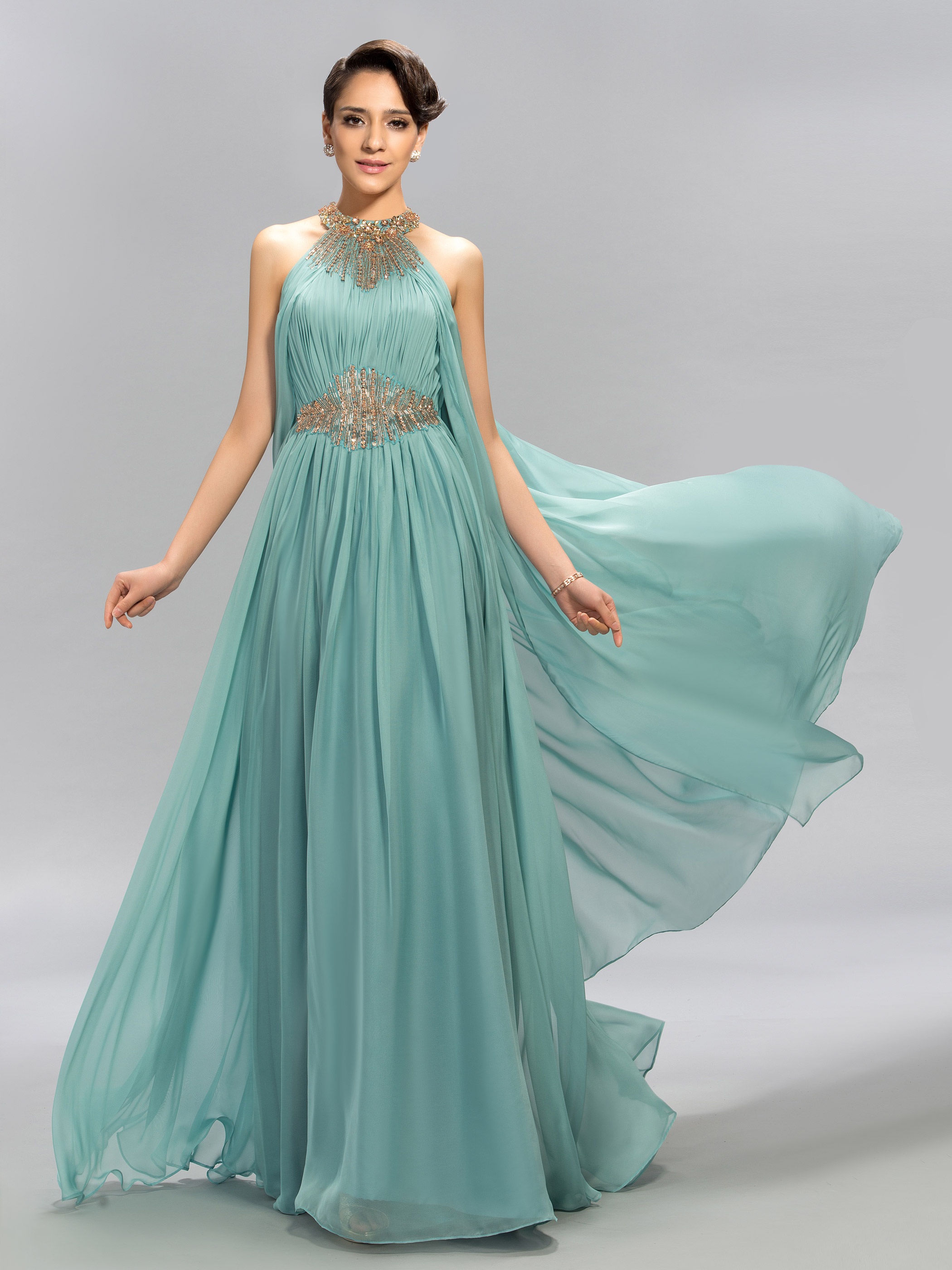 Beaded Halter Neck Ruffles Long Evening Dress