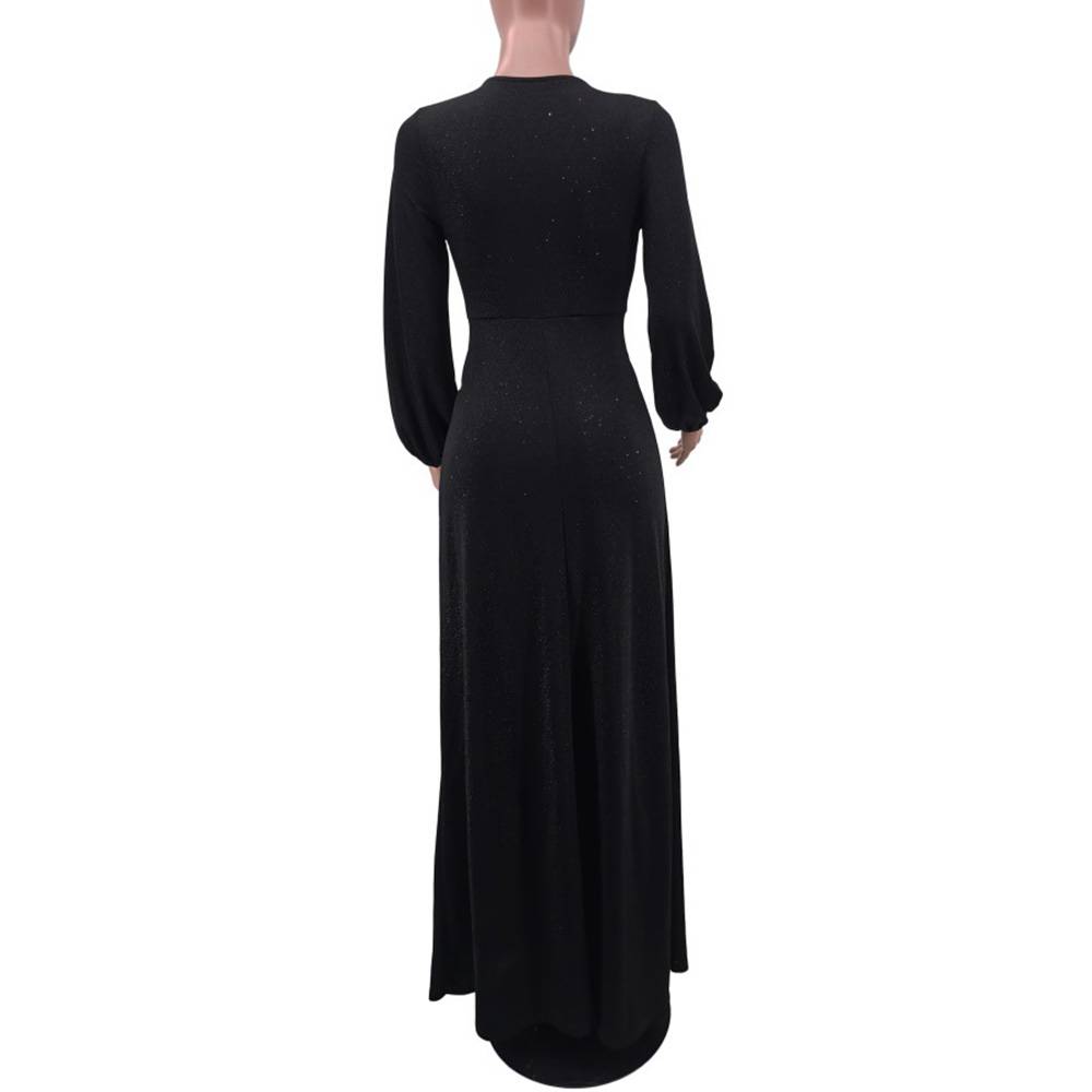 Split V-Neck Floor-Length Long Sleeve Asymmetrical Women's Dress