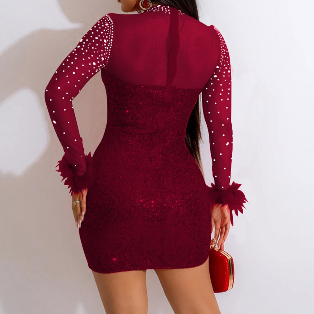 Stand Collar Long Sleeve Rhinestone Above Knee Party Bodycon Women's Dress