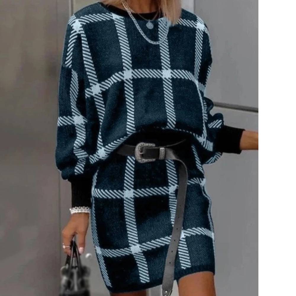 Plus Size Round Neck Long Sleeve Above Knee Plaid Women's Dress