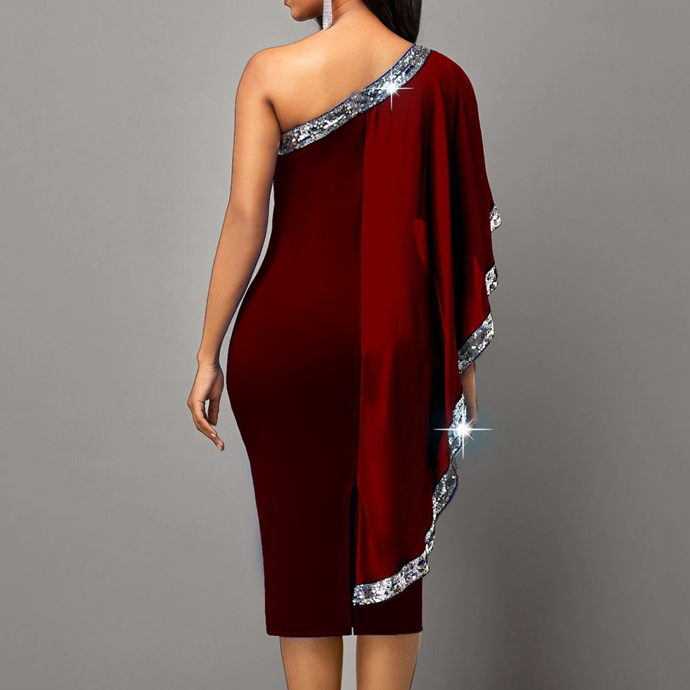Mid-Calf Sequins Oblique Collar Three-Quarter Sleeve Pullover Women's Dress