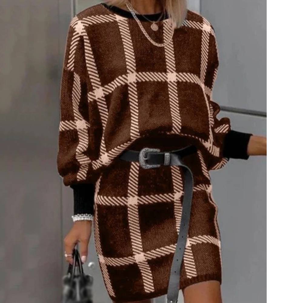 Plus Size Round Neck Long Sleeve Above Knee Plaid Women's Dress