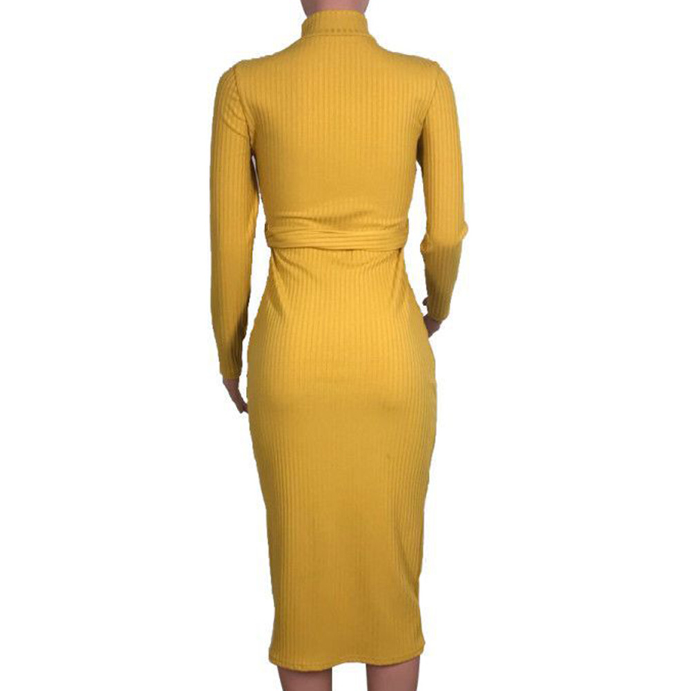 Pocket Mid-Calf Stand Collar Long Sleeve Plain Women's Dress