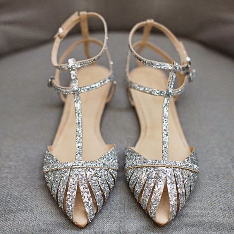 Sequin Pointed Toe Flat Sandals