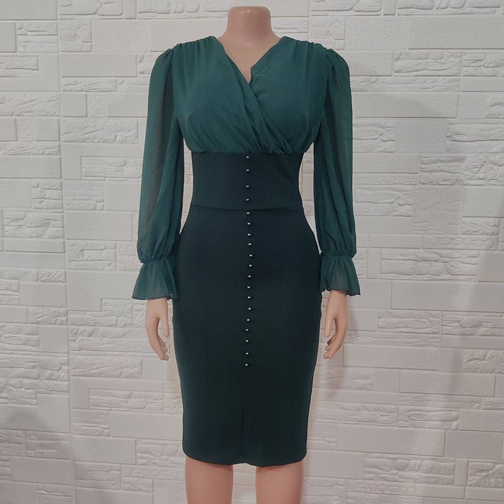 Mid-Calf Button V-Neck Long Sleeve Pullover Women's Sheath Dress