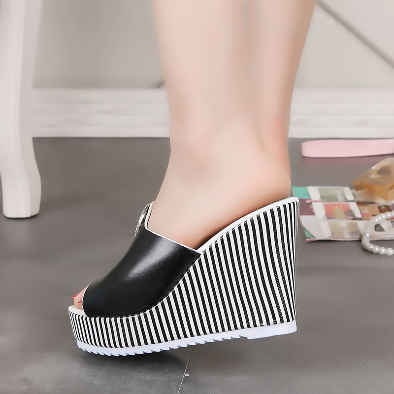 Stripe Heel Rhinestone Shoes Women's Slippers