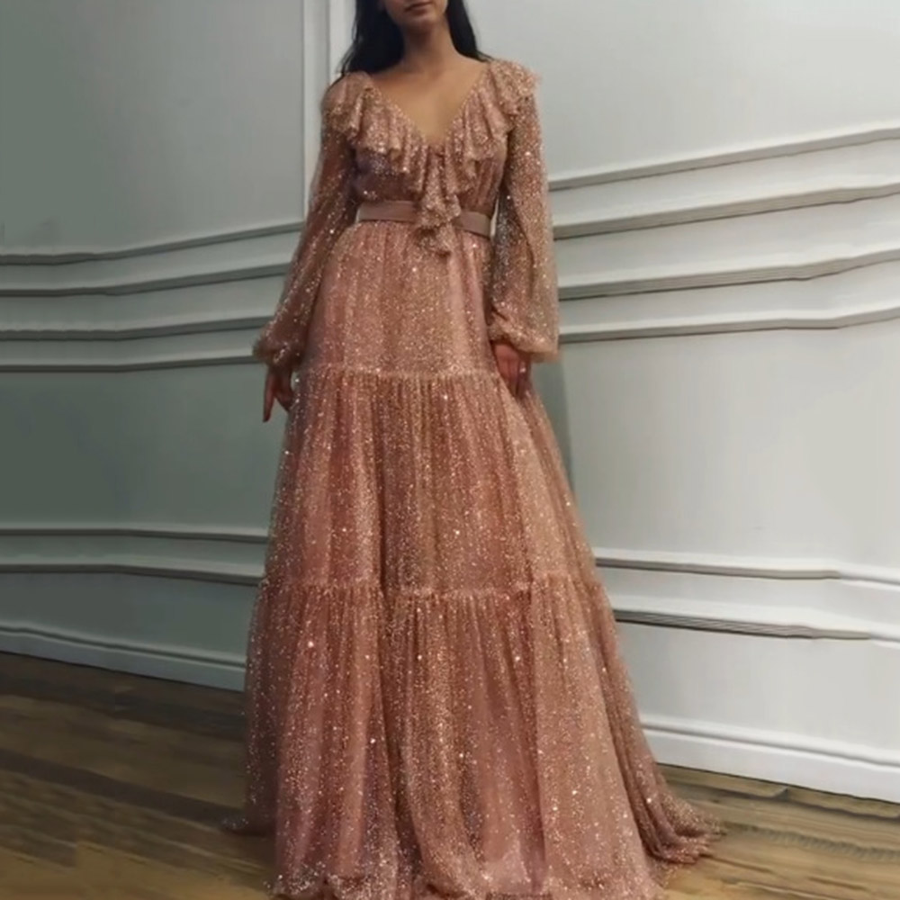 Rose Quartz Dress Floor-Length Patchwork Long Sleeve Sweet Women's Dress