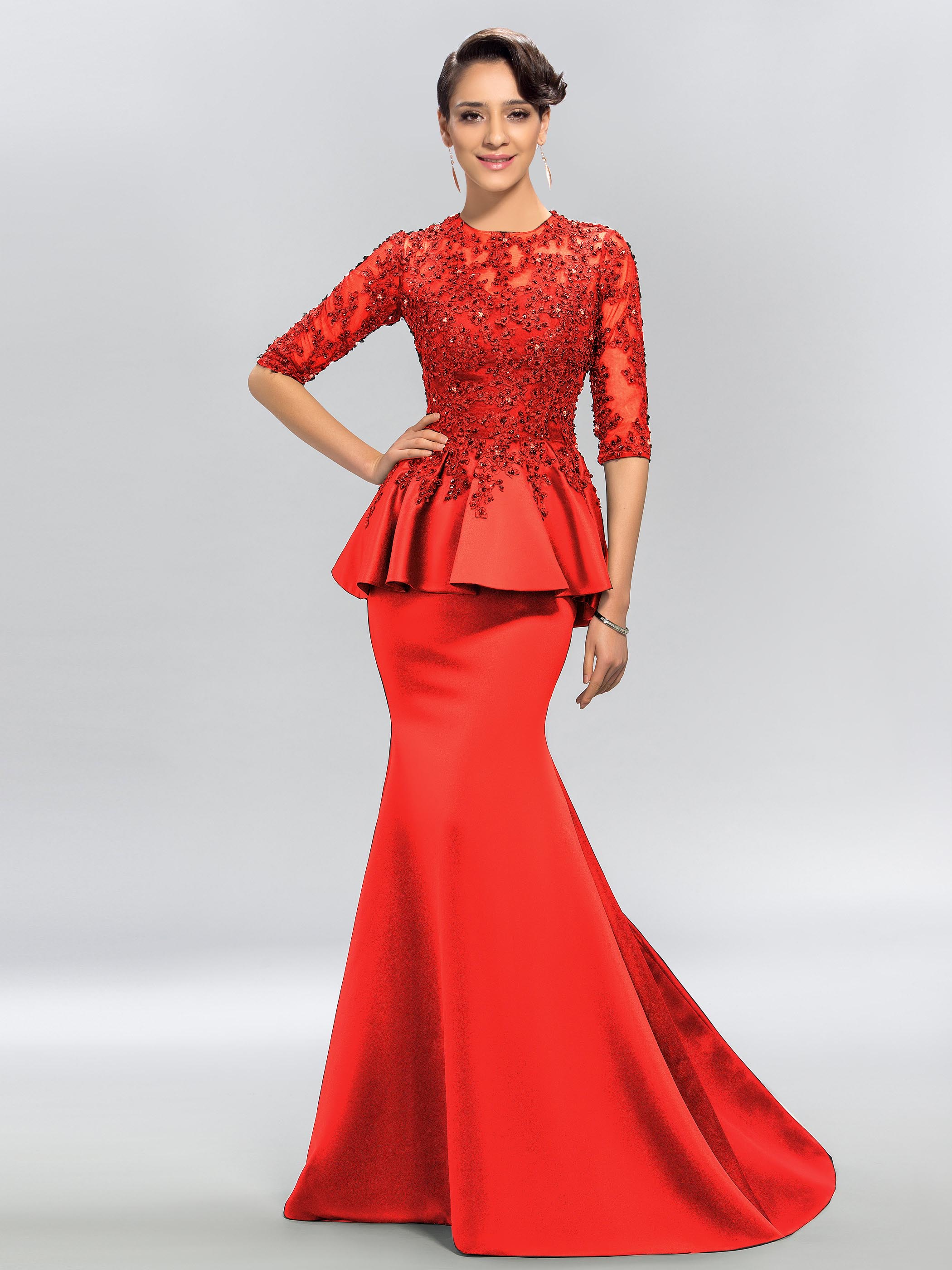 Trumpet Jewel Appliques Half Sleeves Evening Gowns
