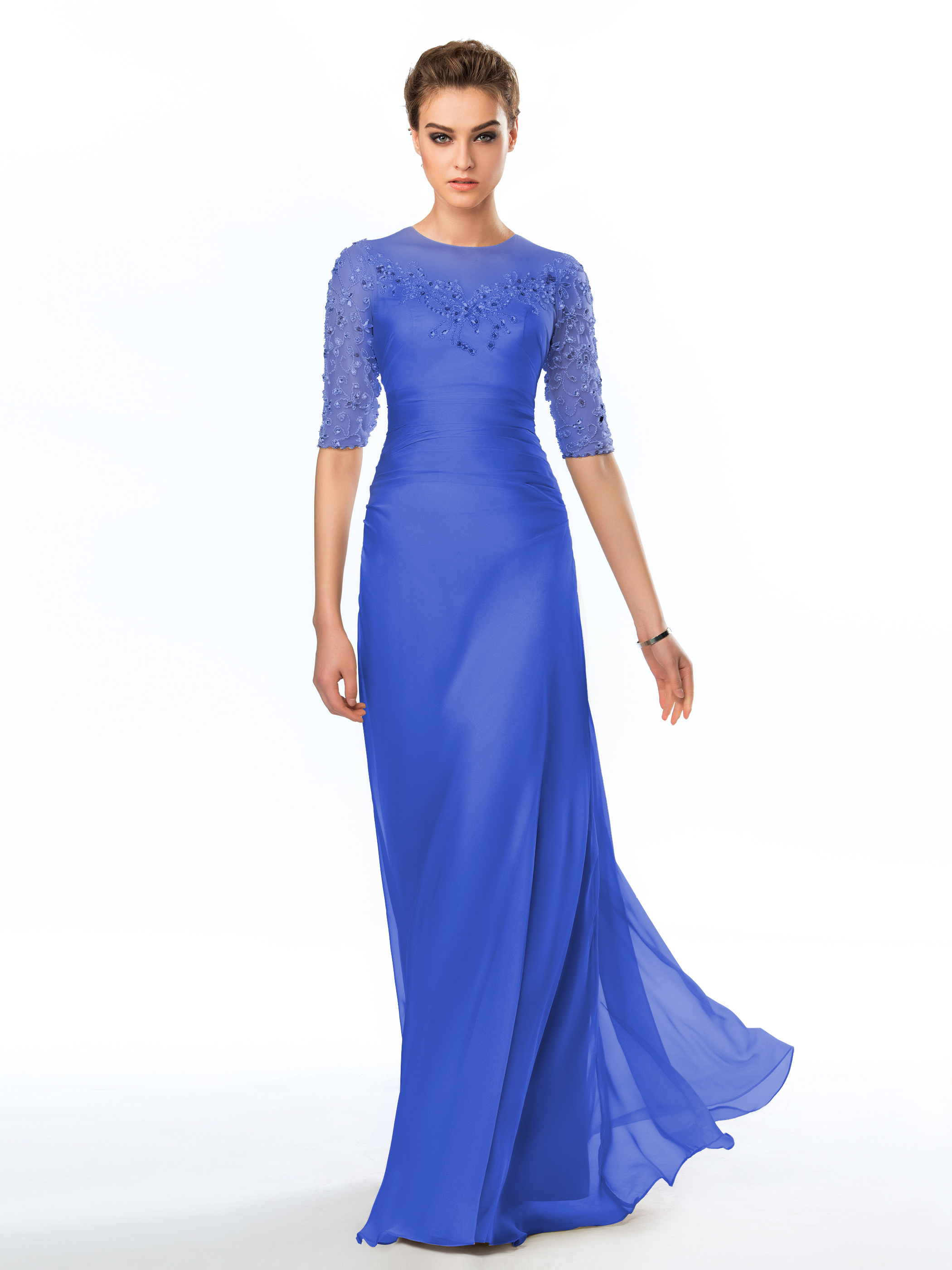 Jewel Neck Appliques Beading Half Sleeves Column Evening Dress-www ...