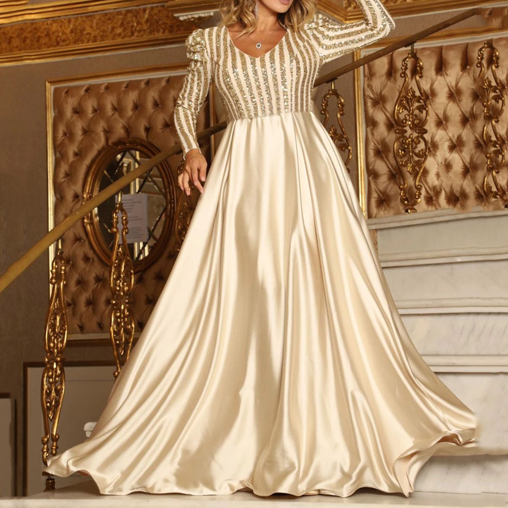 Wedding Guest Dress Floor-Length Patchwork V-Neck Long Sleeve Pullover Women's Dress