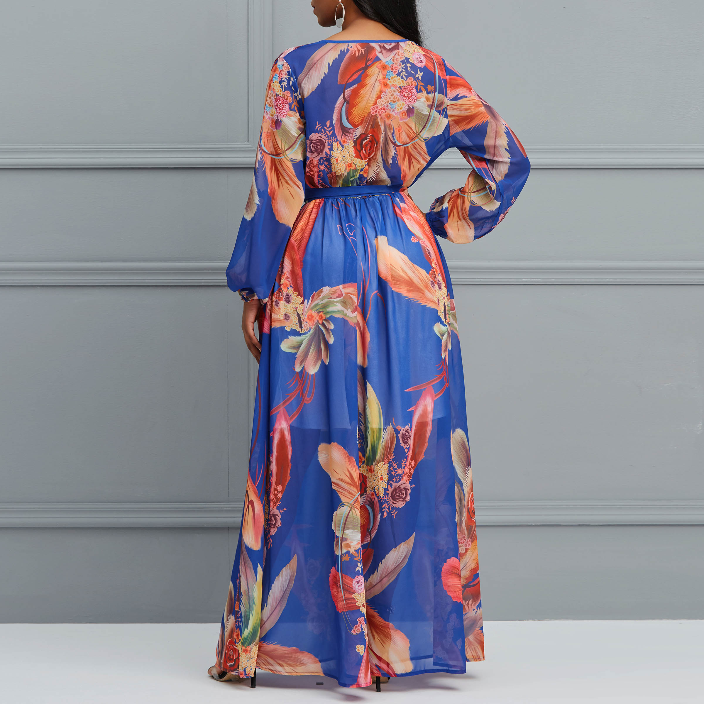 V-Neck Print Long Sleeve Pullover Women's Maxi Dress