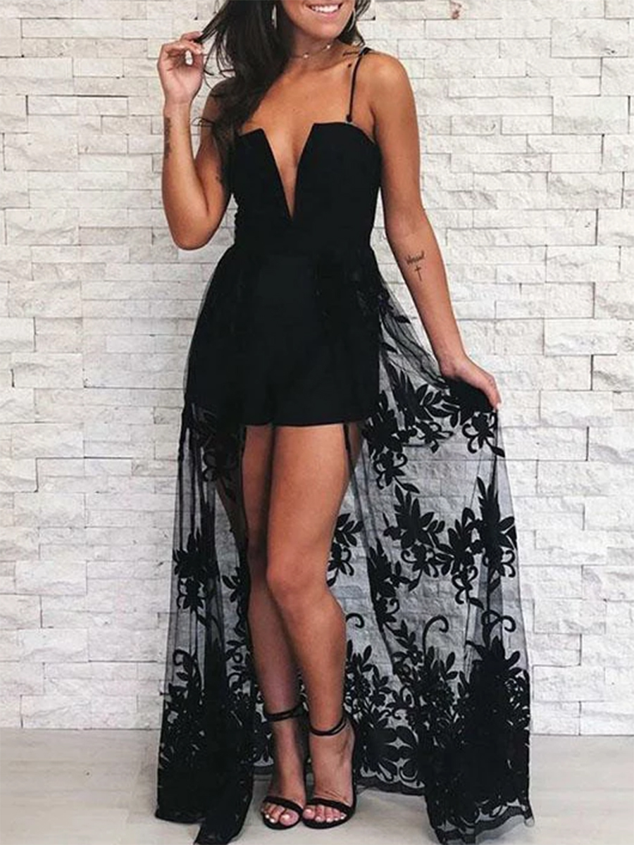 Column Spaghetti Straps Black Lace Cocktail Dress