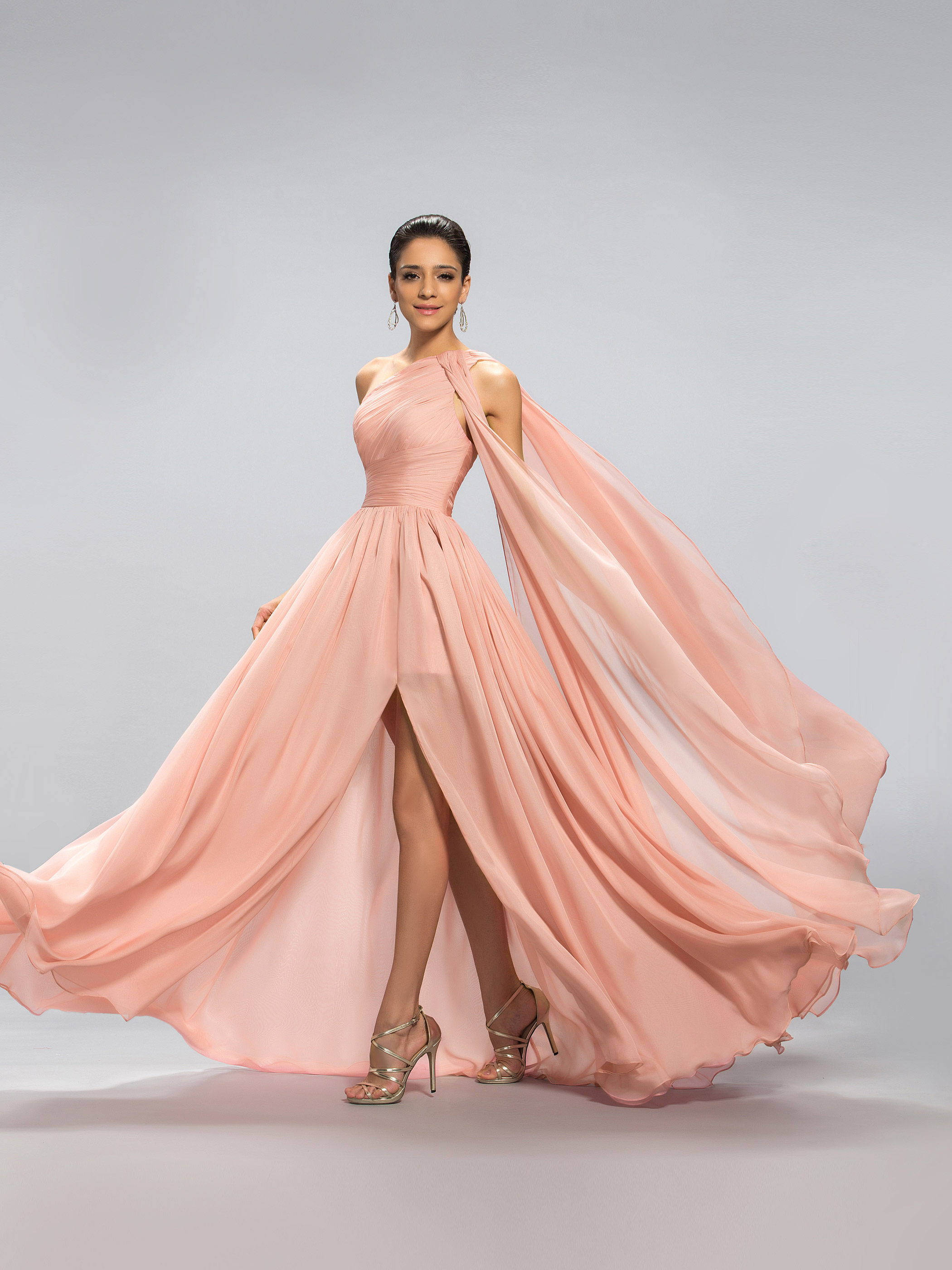One-Shoulder Pleats Rose Quartz Dress Split-Front Evening Dress