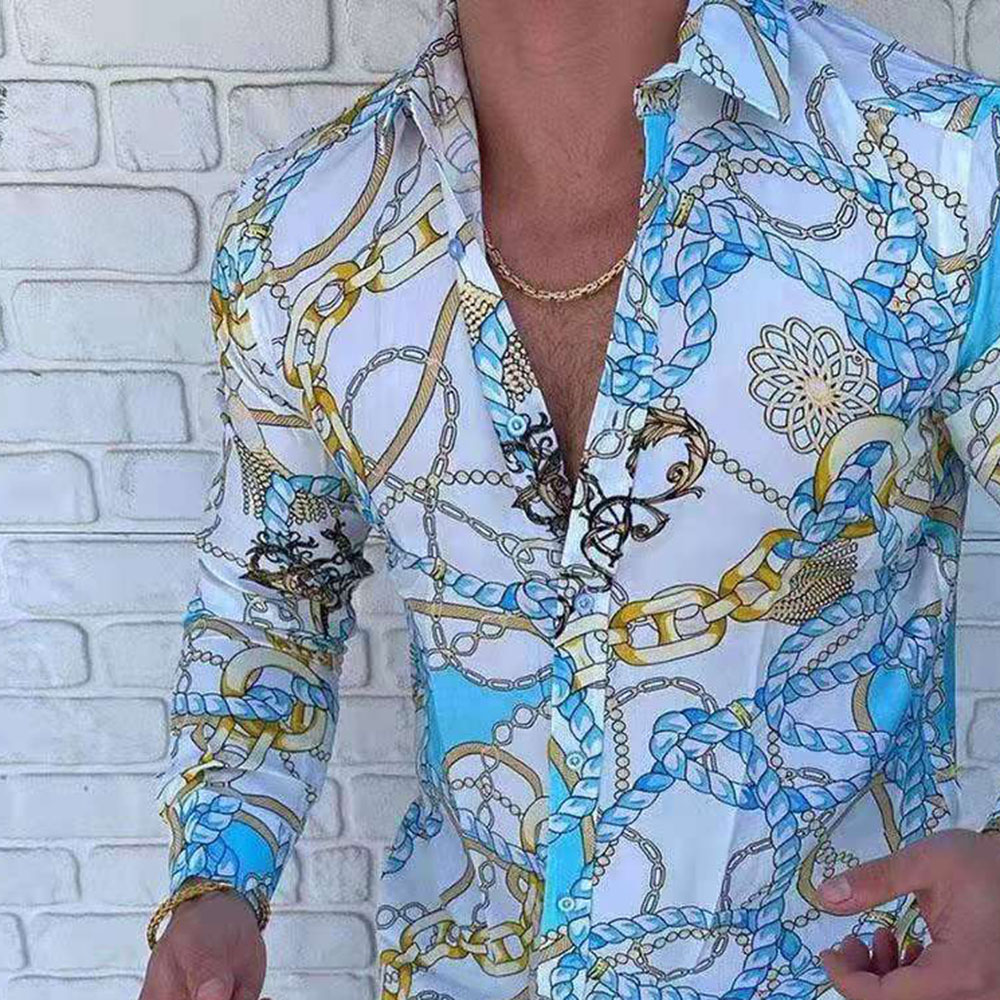 Casual Print Lapel Single-Breasted Slim Long Sleeves Men's Shirt