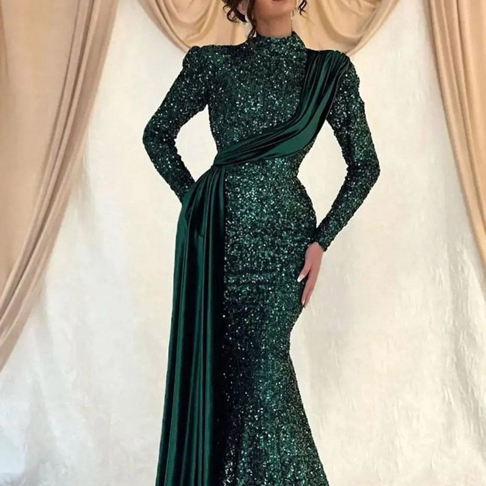 Vintage Long Sleeves Floor-Length Sequins Trumpet Evening Dress 2022