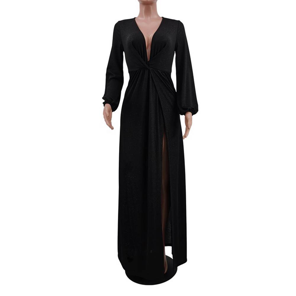 Split V-Neck Floor-Length Long Sleeve Asymmetrical Women's Dress