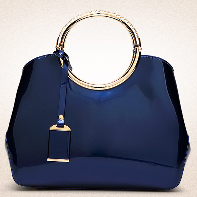 Shiny Patent with Circle Metallic Handle Women Handbag