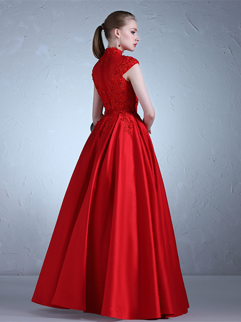 High Neck Appliques Cap Sleeves Red Evening Dress
