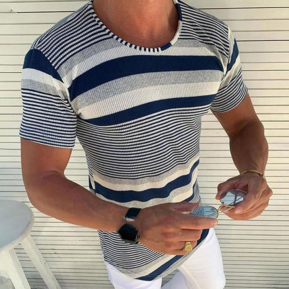 Stripe Casual Round Neck Micro-Elastic Slim Men's T-shirt
